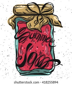 Vector hand drawn illustration of a jar of home made berries jam with decorative rope.Isolated food object on white background.Sweet tasty dessert.Summer Jam. For Food,kitchen,bakery.