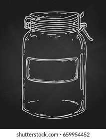 Vector hand drawn illustration with jar and blank label. Contour chalk sketch in white over textured blackboard.