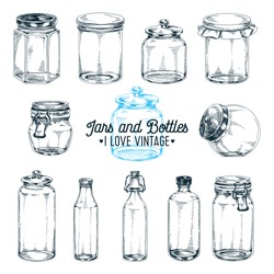 Vector Hand Drawn Illustration With Jars And Bottles. Sketch. Vintage Style. Retro Background. 