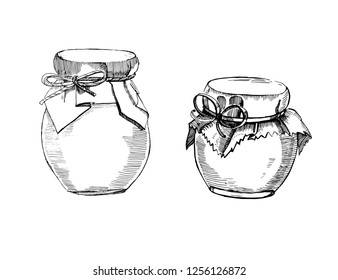 Vector hand drawn Illustration with jars and bottles,isolated on the white background. Sketch cans for jam. Vintage style.