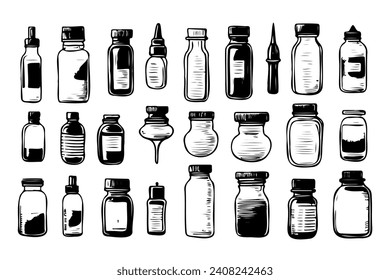 Vector hand drawn Illustration with jars and bottles. Sketch. Vintage style. Retro background.