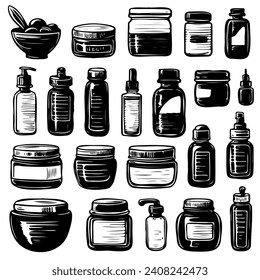 Vector hand drawn Illustration with jars and bottles. Sketch. Vintage style. Retro background.