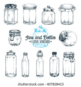 Vector hand drawn Illustration with jars and bottles. Sketch. Vintage style. Retro background. 