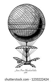 Vector hand drawn illustration of Jean-Pierre Blanchard balloon in vintage engraved style. Isolated on white background. The first Hot air balloon. svg