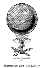 Vector hand drawn illustration of Jean-Pierre Blanchard balloon in vintage engraved style. Isolated on white background. The first Hot air balloon.