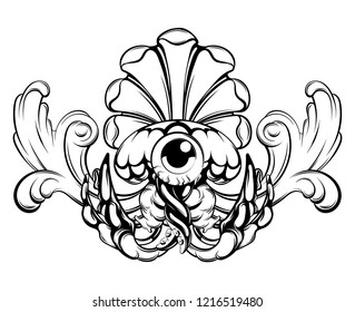 Vector hand drawn illustration of jelly fish with baroque element isolated . Creative tattoo artwork. Template for card, poster, banner, print for t-shirt, pin, badge, patch.