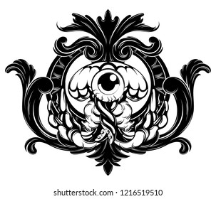 Vector hand drawn illustration of jelly fish with baroque frame isolated . Creative tattoo artwork. Template for card, poster, banner, print for t-shirt, pin, badge, patch.