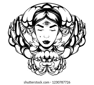 Vector hand drawn illustration of jelly fish with fortune teller . Creative tattoo artwork with portrait. Template for card, poster, banner, print for t-shirt, pin, badge, patch.