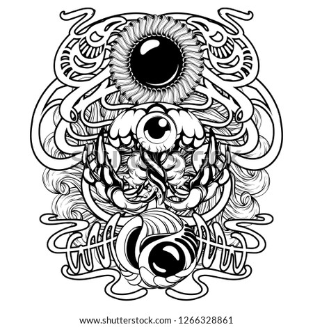 Vector hand drawn illustration of jelly fish with frame . Creative tattoo artwork. Template for card, poster, banner, print for t-shirt, pin, badge, patch.