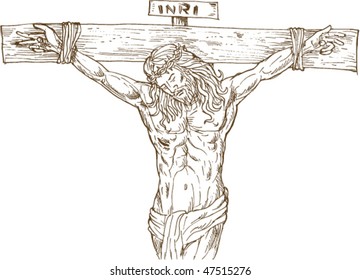 vector hand drawn  illustration of Jesus Christ hanging on the cross isolated on white