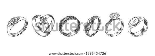 ビンテージ彫りにした宝石のウエディングと婚約指輪のベクター手描きのイラスト 白い背景に のベクター画像素材 ロイヤリティフリー