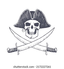 Vector hand drawn illustration of Jolly Roger. Sketch of symbol of piracy. Skull in pirate hat and crossed blades.