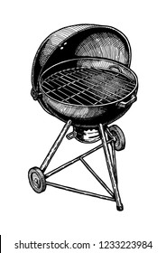 Vector hand drawn illustration of kettle grill in vintage engraved style. Isolated on white background. 