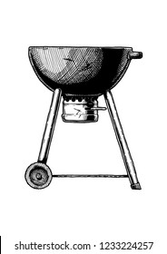 Vector hand drawn illustration of kettle grill in vintage engraved style. Isolated on white background. Side view.