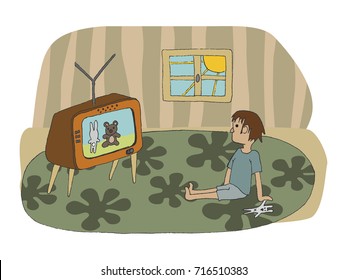 vector hand drawn illustration of a kid stting on the floor and watching tv