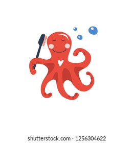 Vector hand drawn illustration for kids of cute red little octopus with soap bubbles and .body brush and heart