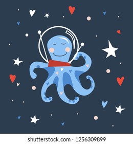 Vector hand drawn illustration for kids of cute blue little octopus in spaceman helmet with red and blue hearts on starry night sky