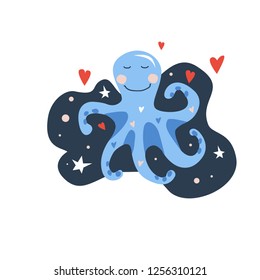 Vector hand drawn illustration for kids of cute blue little octopus with red hearts on starry night sky