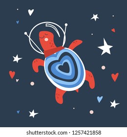 Vector hand drawn illustration for kids of cute turtle in spaceman helmet with red and blue hearts on starry night sky. Valentine card 2019