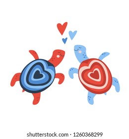 Vector hand drawn illustration for kids of two cute turtles in love with red and blue  hearts isolates on white background. Valentine card 2019
