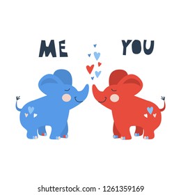 Vector hand drawn illustration for kids of two cute little kissing elephant in love with red and blue  hearts isolates on white background. Cut scandinavian lettering "me you". Valentine card 2019