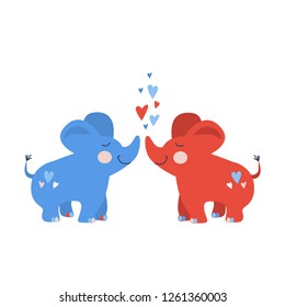 Vector hand drawn illustration for kids of two cute little kissing elephant in love with red and blue  hearts isolates on white background.  Valentine card 2019