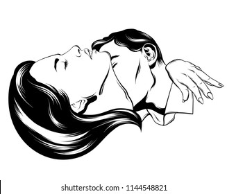 Vector hand drawn illustration of kissing couple. Tattoo artwork made in realistic style. Template for card, poster. banner, print for t-shirt, pin, badge, patch.