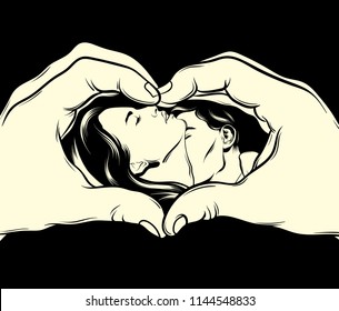 Vector hand drawn illustration of kissing couple. Tattoo artwork made in realistic style. Template for card, poster. banner, print for t-shirt, pin, badge, patch.