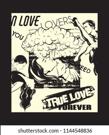 Vector hand drawn illustration of kissing couple with romantic slogansand burst. Vintage textures. Template for card, poster. banner, print for t-shirt, pin, badge, patch.