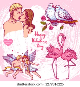 Vector hand drawn illustration of kissing couple man and woman, flamingos, birds, couple of angels - cupids on background with paper texture.Valentines kissing boy and girl sketch.Linear vintage art