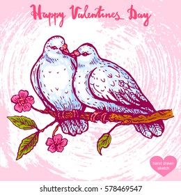 Vector hand drawn illustration of kissing pigeons, text Happy Valentines Day. Pair of doves, sketch. Linear art in vintage style for design.