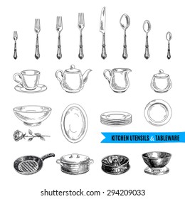 Vector hand drawn illustration and kitchen tools  Sketch  