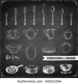 Vector hand drawn illustration with kitchen tools. Sketch. Chalkboard