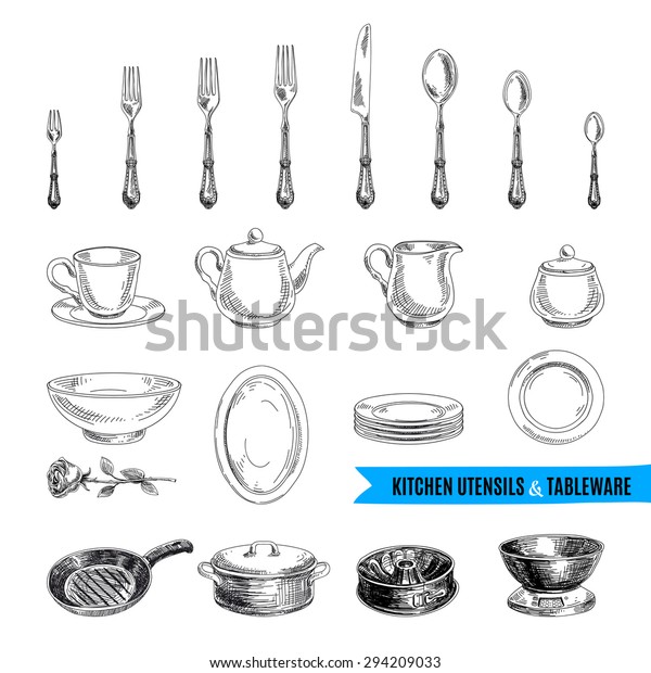 Vector Hand Drawn Illustration Kitchen Tools Stock Vector (Royalty Free