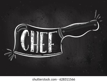 Vector hand drawn illustration.  Knife chef is drawn on the chalk Board. The idea for a cafe, restaurant, kitchen, poster.