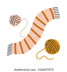 Vector hand drawn illustration of knitted woolen scarf with balls of yarn. Doodle icons in modern trendy flat cartoon style.