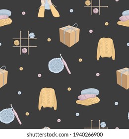 Vector hand drawn illustration of knitting elements. Seamless pattern with cozy hygge elements. Cute knit elements design.
