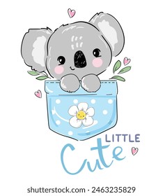 Vector hand drawn illustration koala isolated on a white background. Cute Animal sitting in a pocket kids print, design print for nursery