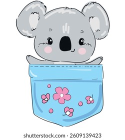 Vector hand drawn illustration koala sitting in a pocket kids print, design print for nursery