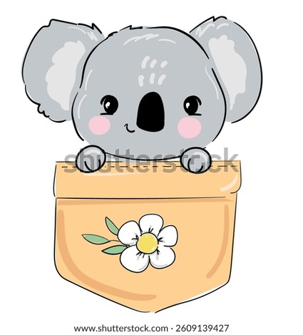 Vector hand drawn illustration koala sitting in a pocket kids print, design print for nursery