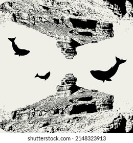 Vector hand drawn illustration of landscape with whales. Creative artwork. Template for card, poster, banner, print for t-shirt, pin, badge, patch.