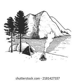 Vector hand drawn illustration of landscape with mountains and lake. Sketch of camp with tent and fire on river coast.