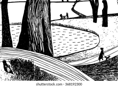 Vector hand drawn illustration. Landscape. Park. Black and white ink sketch. White background.