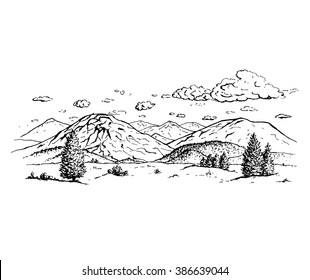 Vector hand drawn illustration: landscape with mountains, trees, clouds