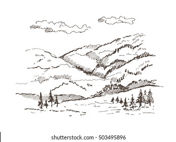 Vector hand drawn illustration: landscape with mountains, trees, clouds. Sketch on white background.