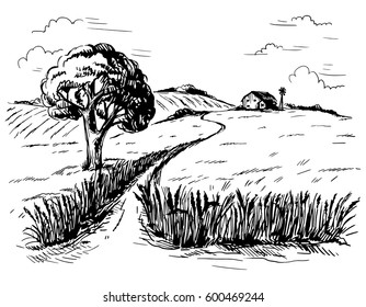 Vector hand drawn illustration landscape with mountains tree road ears in graphical style