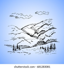 Vector hand drawn illustration: landscape with mountains, trees, clouds. Sketch on white background.