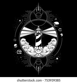 Vector hand drawn  illustration of landscape with waves and lighthouse . Surreal artwork with planets and geometrical composition. Template for card, banner, print for t-shirt.