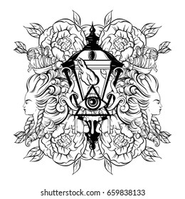 Vector hand drawn  illustration of lantern with melting candle and plants. Hand sketched artwork with flowers. Tattoo art. Template for card, poster, banner, print for t-shirt, coloring books.