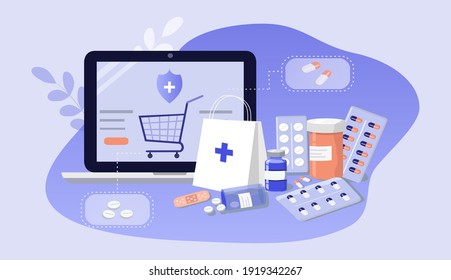 vector hand drawn illustration - laptop, tablets, pills, medicine jars, blisters with tablets. picture on the theme of online pharmacy , flat illustration banner for websites, magazines and apps